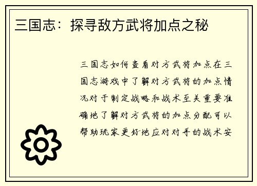 三国志：探寻敌方武将加点之秘